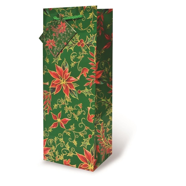 Wrap-Art Holly &amp; Poinsettia Printed paper Bag with Plastic Rope Handle Green - 17341