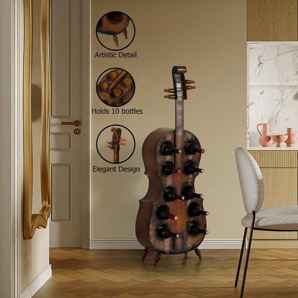 Vintiquewise Cello-Shaped Wine Holder 10-Bottle Freestanding Metal Rack Vintage Decorative Storage - QI004779