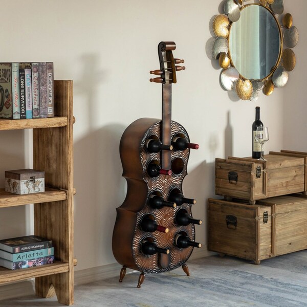 Vintiquewise Cello-Shaped Wine Holder 10-Bottle Freestanding Metal Rack Vintage Decorative Storage - QI004779