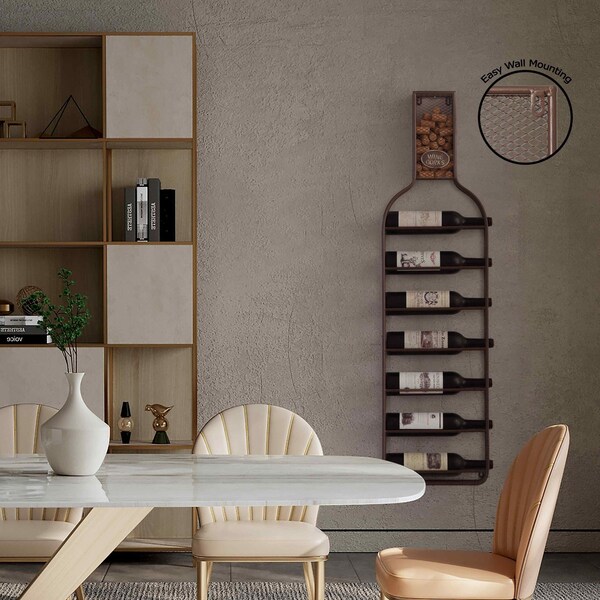 Vintiquewise Decorative Wall-Mounted 7-bottle Metal Wine Rack with Mesh Cork Catcher, Stylish - QI004683