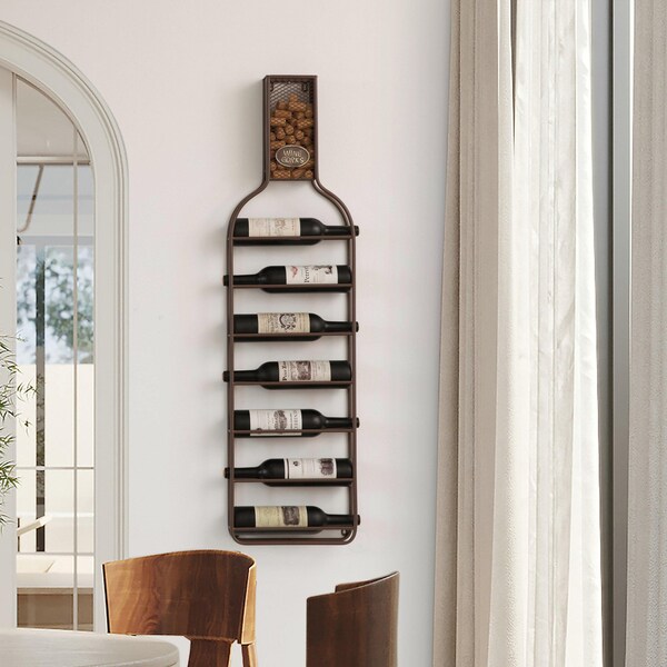 Vintiquewise Decorative Wall-Mounted 7-bottle Metal Wine Rack with Mesh Cork Catcher, Stylish - QI004683