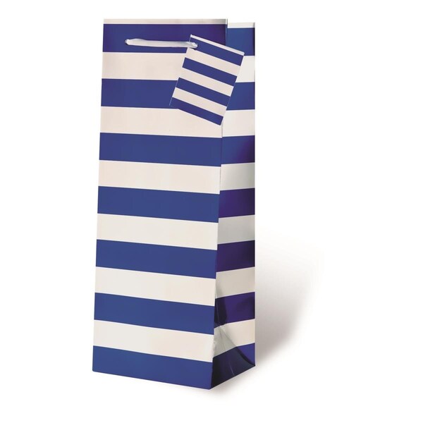 Wrap-Art Blue &amp; Silver Foil Stripe Pepper Bag with Plastic Rope Handle - 17732