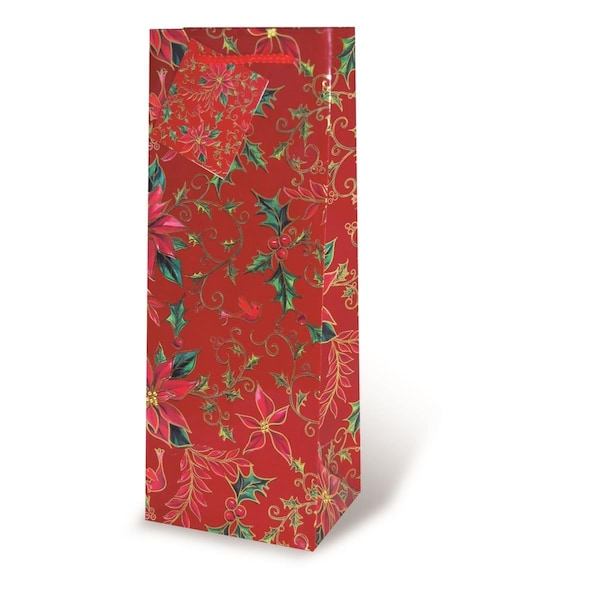 Wrap-Art Holly &amp; Poinsettia Printed paper Bag with Plastic Rope Handle Red - 17287