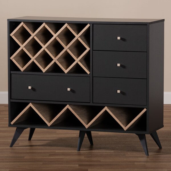Baxton Studio Savino Mid-Century Modern Dark Grey and Oak Finished Wood Wine Cabinet - 150-9235