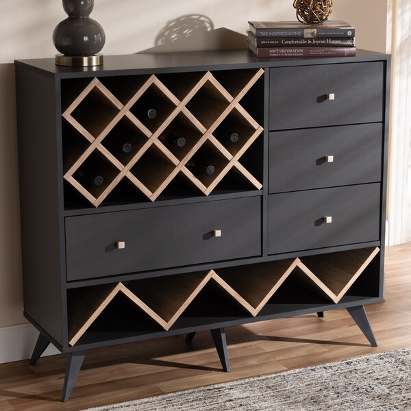 Baxton Studio Savino Mid-Century Modern Dark Grey and Oak Finished Wood Wine Cabinet - 150-9235