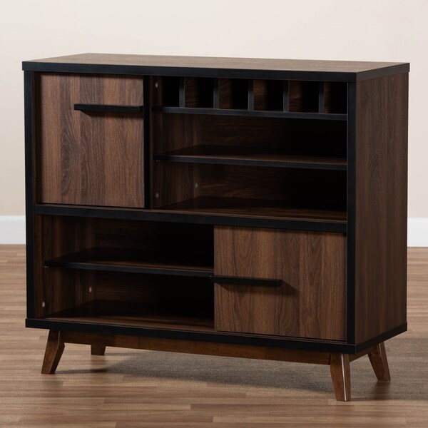 Baxton Studio Margo Walnut Brown and Black Finished Wood Wine Storage Cabinet - 163-10442