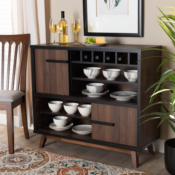 Baxton Studio Margo Walnut Brown and Black Finished Wood Wine Storage Cabinet - 163-10442