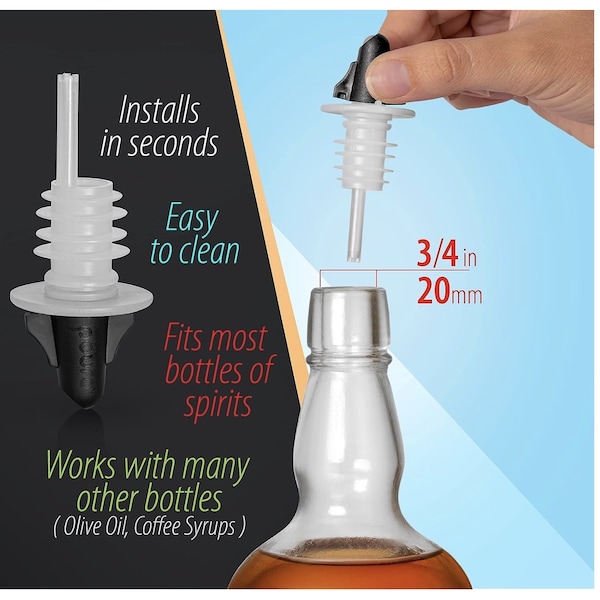 Pouro Liquor and Spirits Bottle Pourer Twist to Open and Pour, Twist to Close and Store, Black, 3PK - 2689