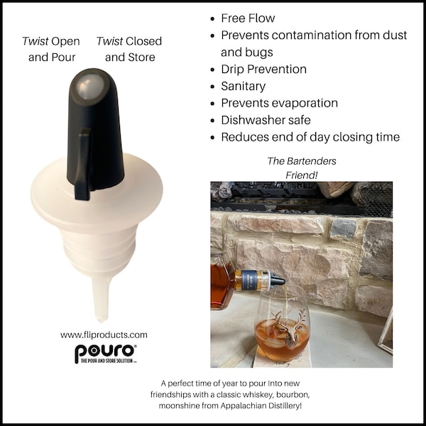 Pouro Liquor and Spirits Bottle Pourer Twist to Open and Pour, Twist to Close and Store, Black, 3PK - 2689
