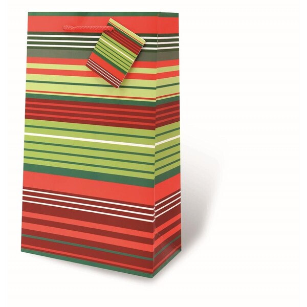 Wrap-Art 2-Bottle Christmas Stripes Printed paper Bag with Plastic Rope Handle - 17958