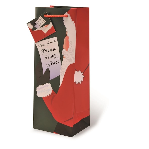 Wrap-Art Santa Please Bring Wine Printed paper Bag with Plastic Rope Handle - 17499