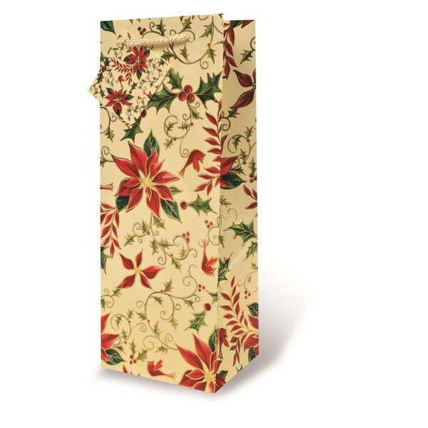 Wrap-Art Holly &amp; Poinsettia Printed paper Bag with Plastic Rope Handle White - 17340