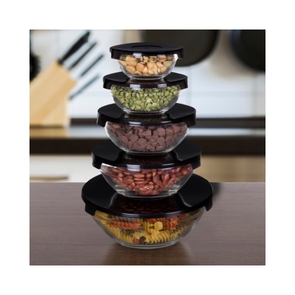 Hastings Home 10-piece Glass Food Storage Containers with Snap Lids, Bowl Sizes for Storage, Mixing, Serving (Black) - 279676CSS