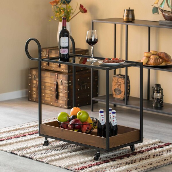 Vintiquewise Metal Wine Bar Serving Cart with Rolling Wheels and Handles for Dining, Living room or Entryway - QI004277