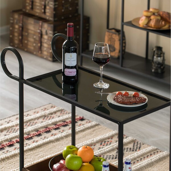 Vintiquewise Metal Wine Bar Serving Cart with Rolling Wheels and Handles for Dining, Living room or Entryway - QI004277