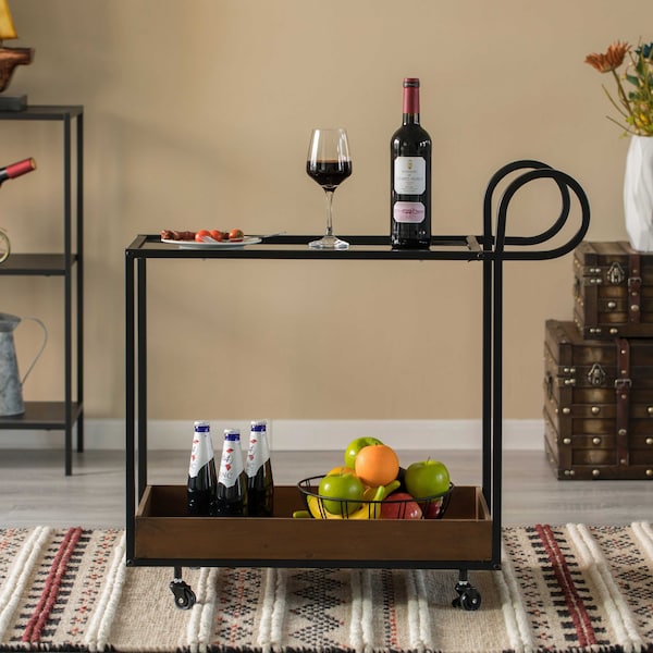 Vintiquewise Metal Wine Bar Serving Cart with Rolling Wheels and Handles for Dining, Living room or Entryway - QI004277