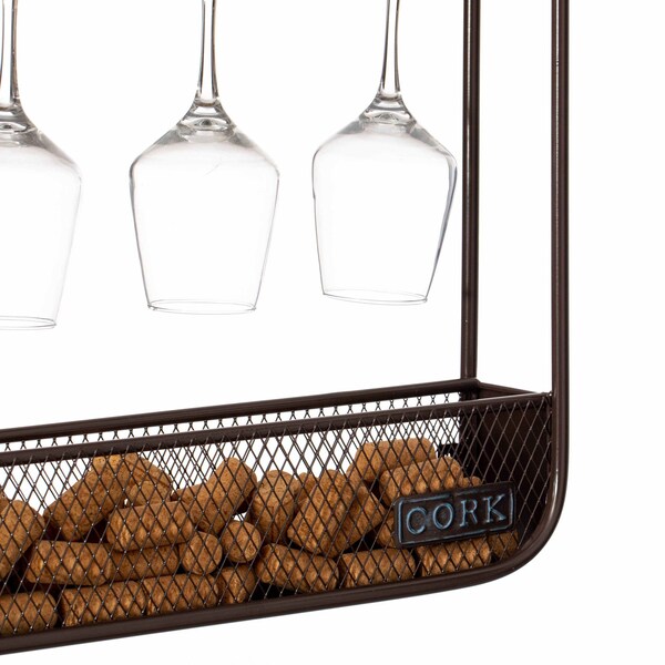 Vintiquewise Vintage-Inspired Decorative Metal Wall-Mounted Wine Rack with Cork and Wine Glass Holder,  - QI004685