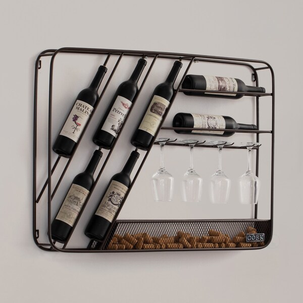 Vintiquewise Vintage-Inspired Decorative Metal Wall-Mounted Wine Rack with Cork and Wine Glass Holder,  - QI004685