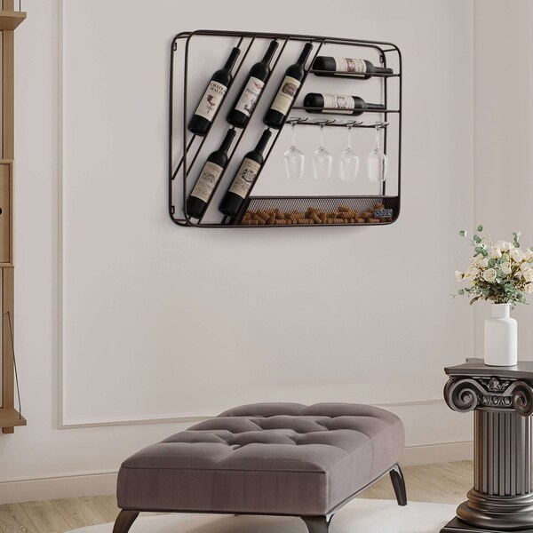Vintiquewise Vintage-Inspired Decorative Metal Wall-Mounted Wine Rack with Cork and Wine Glass Holder,  - QI004685