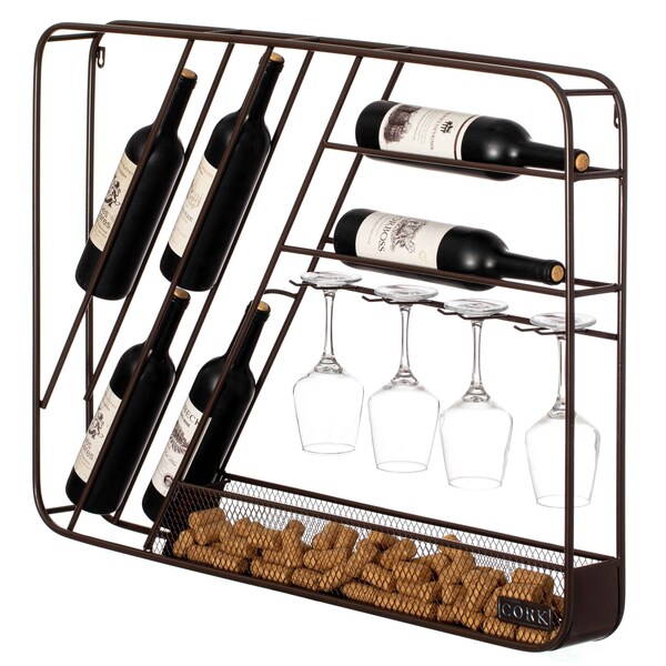 Vintiquewise Vintage-Inspired Decorative Metal Wall-Mounted Wine Rack with Cork and Wine Glass Holder,  - QI004685