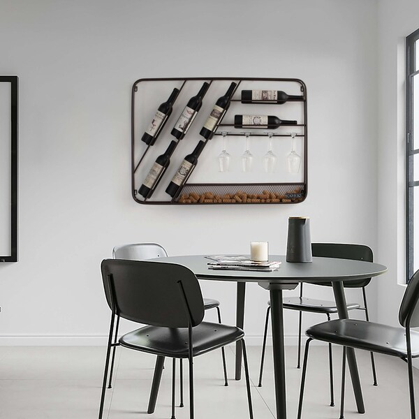 Vintiquewise Vintage-Inspired Decorative Metal Wall-Mounted Wine Rack with Cork and Wine Glass Holder,  - QI004685