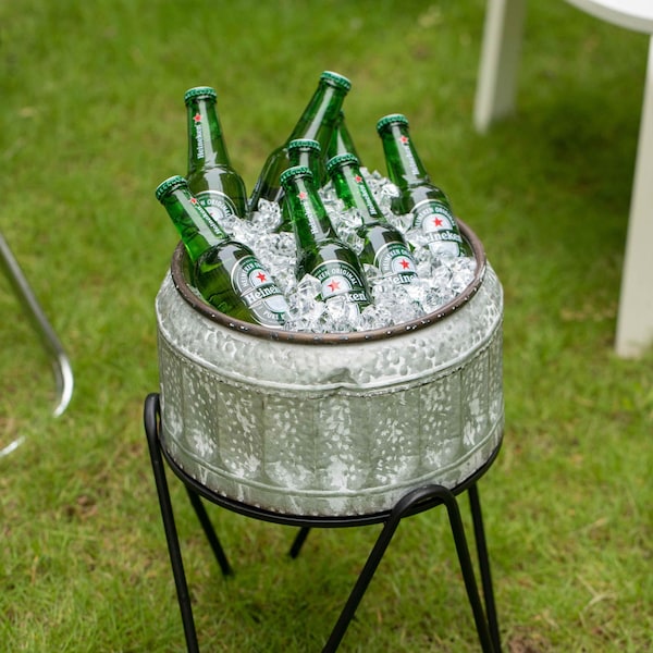 Vintiquewise Silver Galvanized Metal Ice Bucket Beverage Cooler Tub with Stand, Medium - QI004439.M
