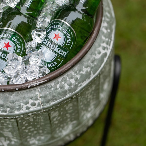 Vintiquewise Silver Galvanized Metal Ice Bucket Beverage Cooler Tub with Stand, Medium - QI004439.M