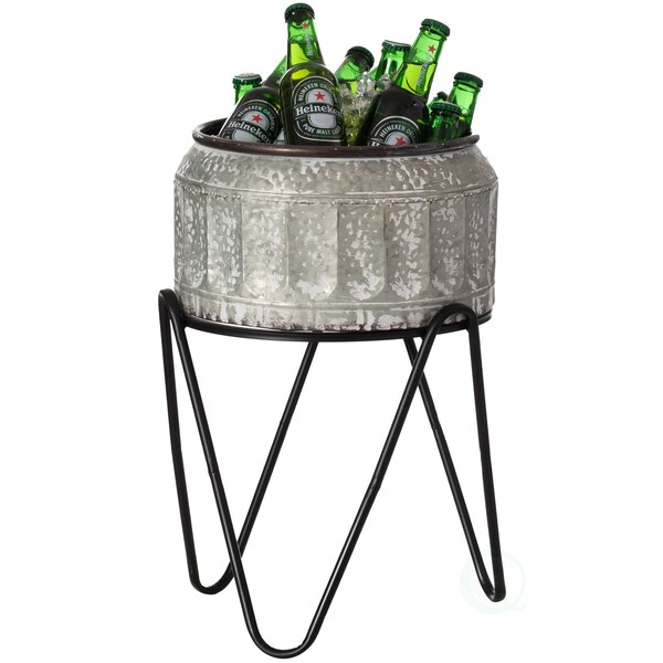 Vintiquewise Silver Galvanized Metal Ice Bucket Beverage Cooler Tub with Stand, Medium - QI004439.M