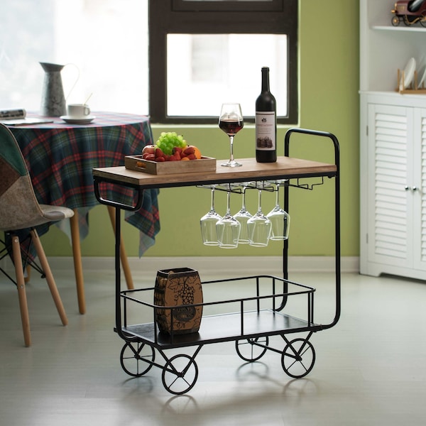 Vintiquewise Metal Wine Bar Serving Cart with Rolling Wheels, Glass Holder, and Wine Rack - QI004280