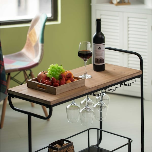 Vintiquewise Metal Wine Bar Serving Cart with Rolling Wheels, Glass Holder, and Wine Rack - QI004280