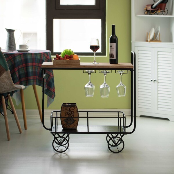 Vintiquewise Metal Wine Bar Serving Cart with Rolling Wheels, Glass Holder, and Wine Rack - QI004280