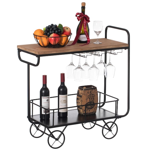 Vintiquewise Metal Wine Bar Serving Cart with Rolling Wheels, Glass Holder, and Wine Rack - QI004280