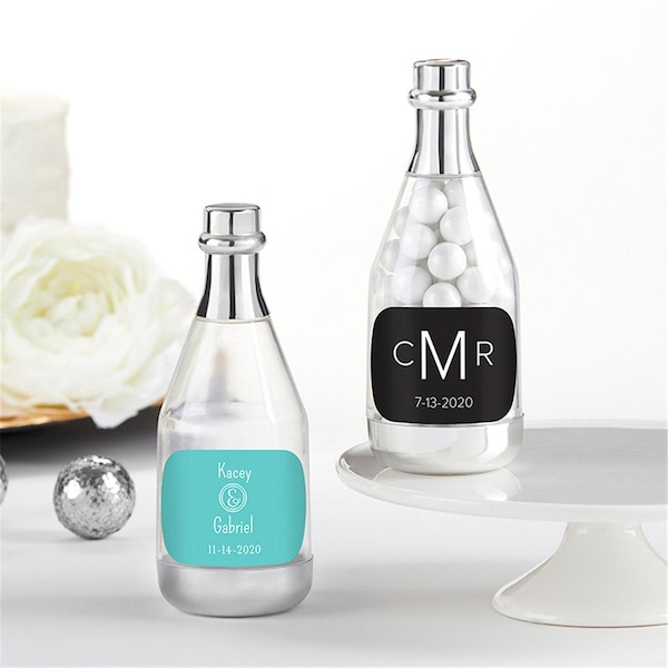 Kate Aspen Personalized Silver Metallic Champagne Bottle Favor Container - Monogram, Set of 12 - 18187NA-MN