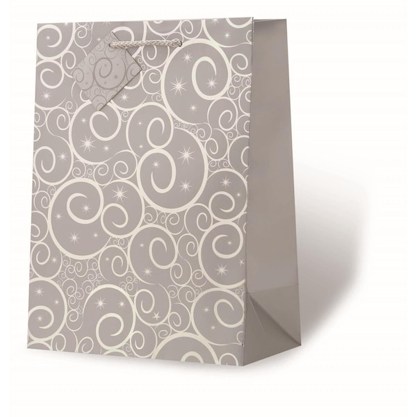 Wrap-Art Silver Swirls - Large Gift Bag with Rope Handle Printed paper Bag with Plastic Rope Handle - 17960