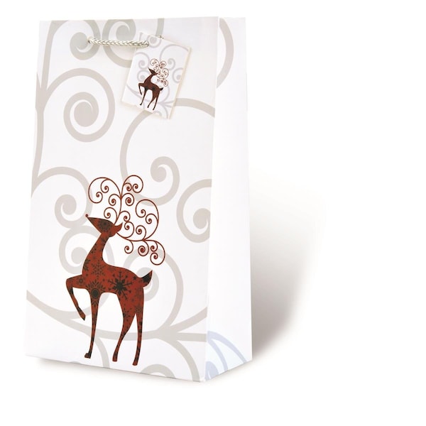 Wrap-Art 2-Bottle Reindeer Printed paper Bag with Plastic Rope Handle - 17692