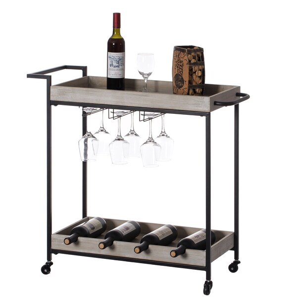 Vintiquewise Metal Wine Bar Serving Cart with Rolling Wheels, Wine Rack, and Glass Holder - QI004279