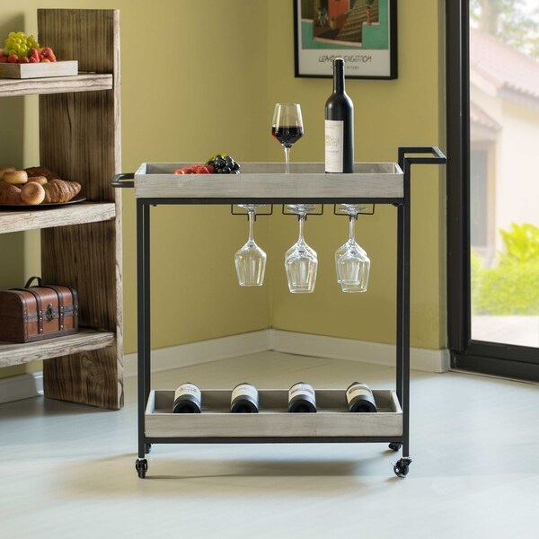 Vintiquewise Metal Wine Bar Serving Cart with Rolling Wheels, Wine Rack, and Glass Holder - QI004279