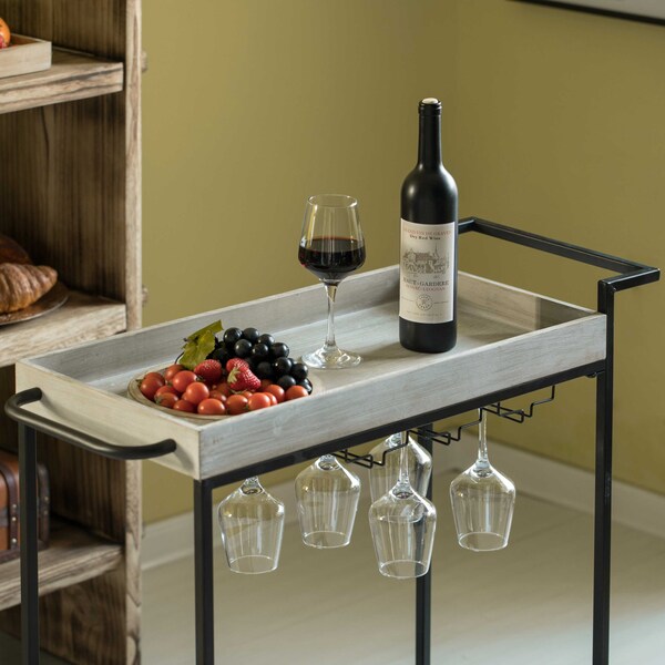 Vintiquewise Metal Wine Bar Serving Cart with Rolling Wheels, Wine Rack, and Glass Holder - QI004279