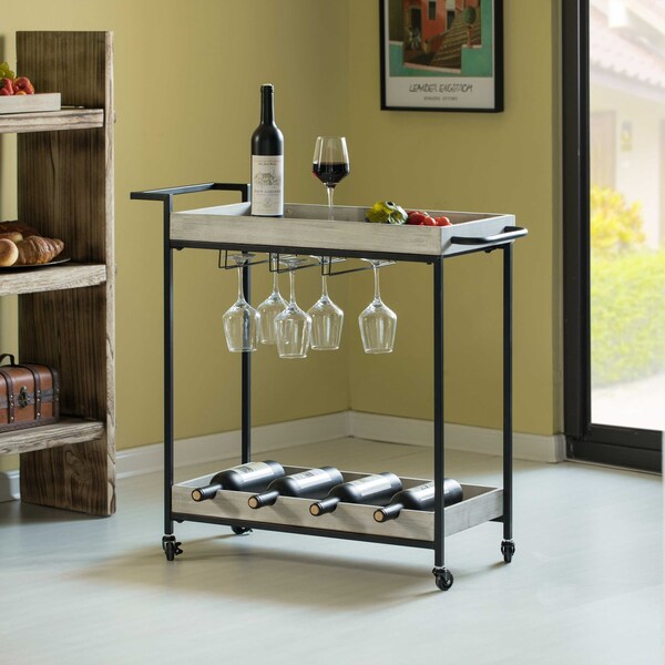 Vintiquewise Metal Wine Bar Serving Cart with Rolling Wheels, Wine Rack, and Glass Holder - QI004279