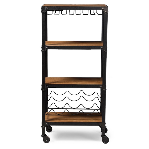 Baxton Studio Swanson Black Finish Metal Distressed Wood Mobile Bar Wine Storage - 121-6646