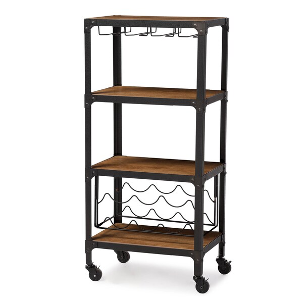 Baxton Studio Swanson Black Finish Metal Distressed Wood Mobile Bar Wine Storage - 121-6646