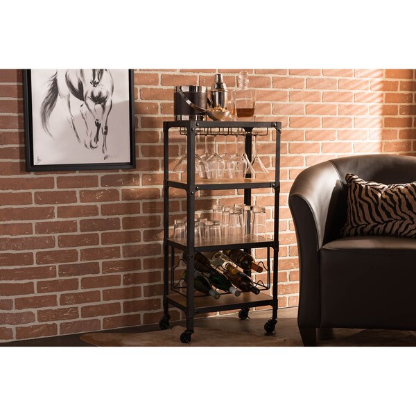 Baxton Studio Swanson Black Finish Metal Distressed Wood Mobile Bar Wine Storage - 121-6646