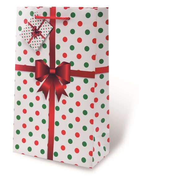 Wrap-Art 2-Bottle Holiday Polka Dots Printed paper Bag with Plastic Rope Handle - 17774