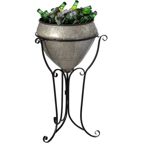Vintiquewise Silver Galvanized Metal Beverage Cooler Tub with Liner and Stand, Large - QI004438.L
