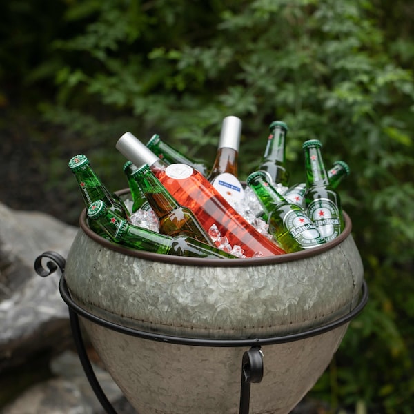 Vintiquewise Silver Galvanized Metal Beverage Cooler Tub with Liner and Stand, Large - QI004438.L
