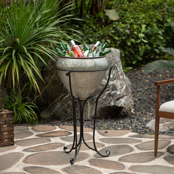 Vintiquewise Silver Galvanized Metal Beverage Cooler Tub with Liner and Stand, Large - QI004438.L