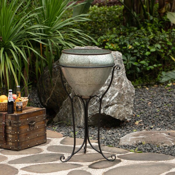 Vintiquewise Silver Galvanized Metal Beverage Cooler Tub with Liner and Stand, Large - QI004438.L