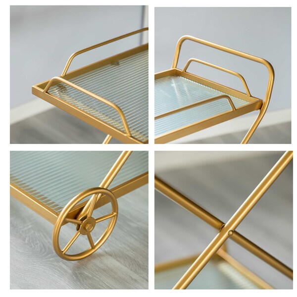 Vintiquewise Gold Metal Wine Bar Serving Cart with Rolling Wheels and Handles for Dining, Living room or Entryway - QI004278