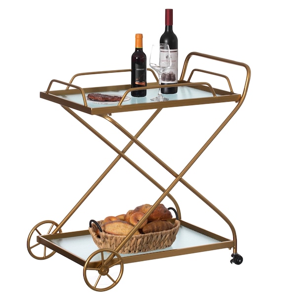 Vintiquewise Gold Metal Wine Bar Serving Cart with Rolling Wheels and Handles for Dining, Living room or Entryway - QI004278