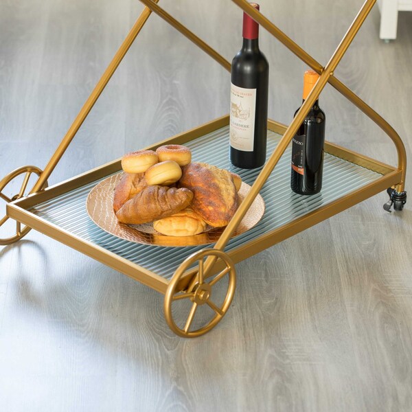 Vintiquewise Gold Metal Wine Bar Serving Cart with Rolling Wheels and Handles for Dining, Living room or Entryway - QI004278